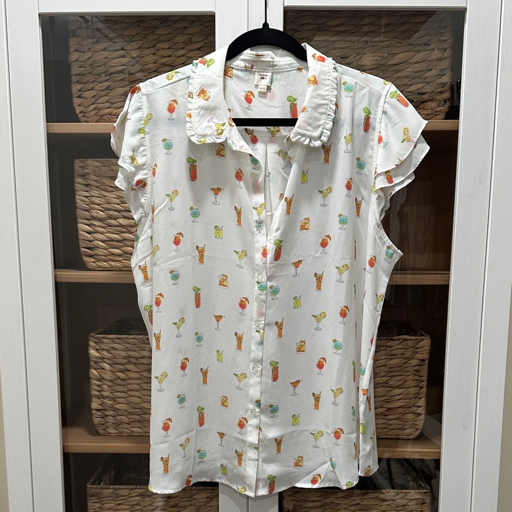 White Cap-Sleeve Blouse with Colorful Cocktail Print